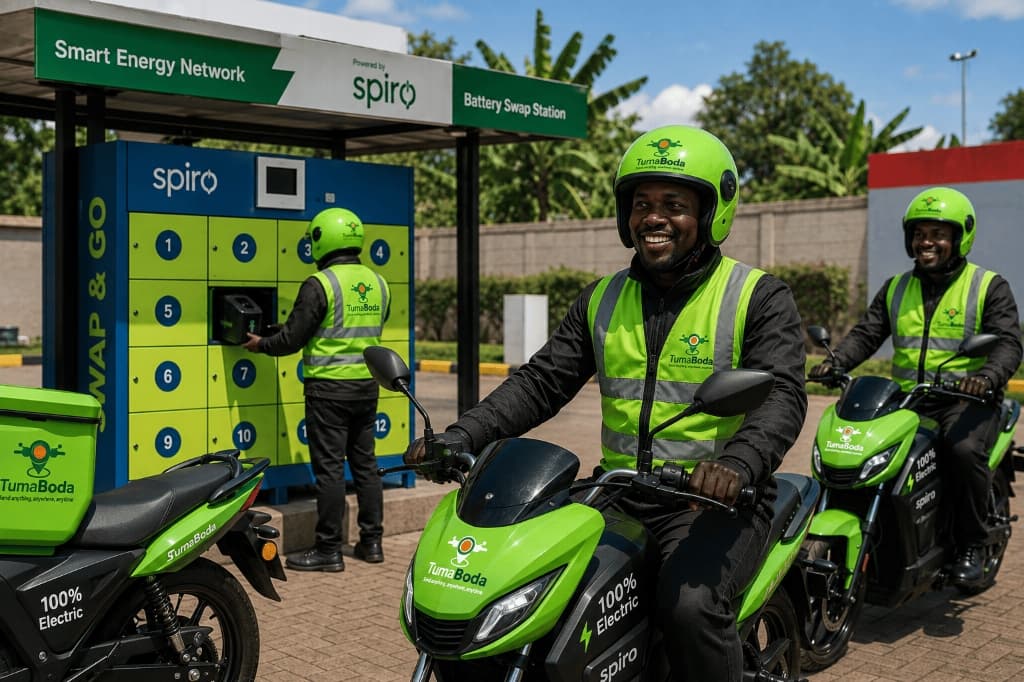 TumaBoda 100% Electric Boda Riders at Spiro Battery Swap Station