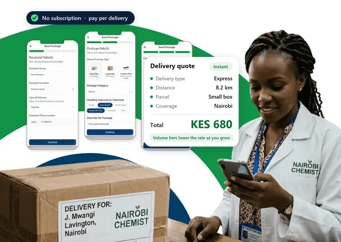 The TumaBoda app's Send Package screens and a delivery quote: express, 8.2 km, small box, Nairobi, KES 680 total, with no subscription