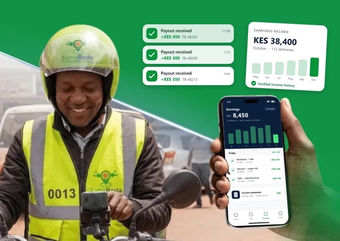 A TumaBoda rider holding the rider app's earnings screen, with payout notifications and a verified earnings record